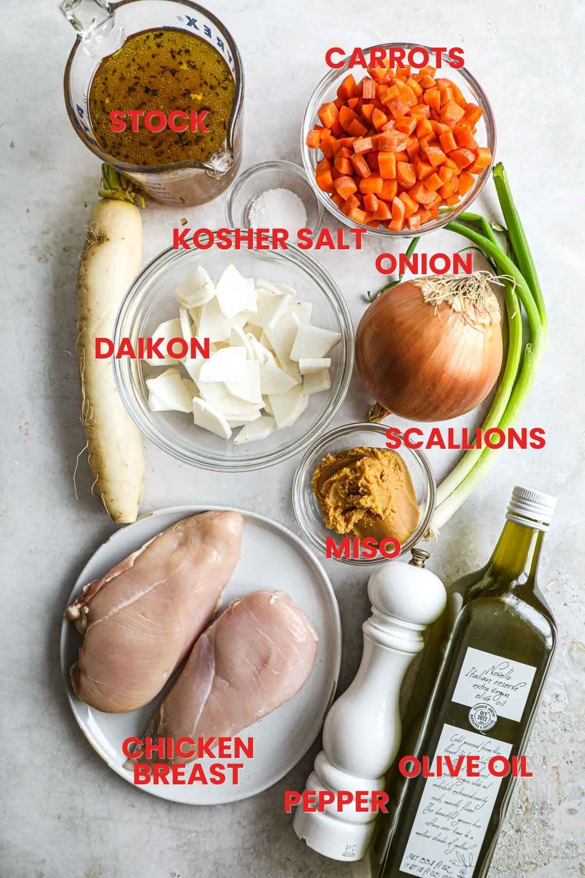 Ingredients to make chicken miso soup with daikon, carrots, chicken breast, onion, miso, scallions, and homemade chicken stock.