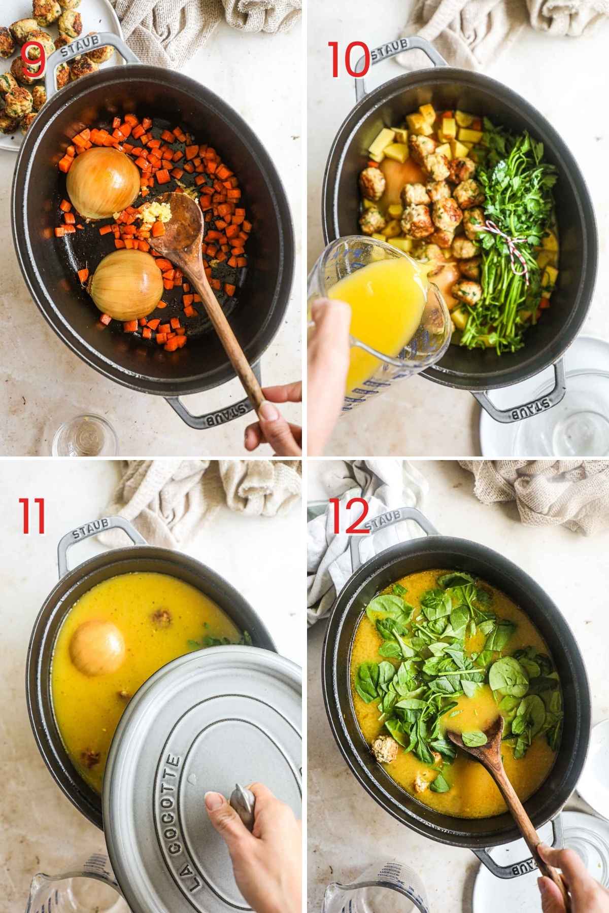 Steps to make chicken meatball soup, including adding the garlic, parsley, meatballs, and chicken stock, then simmering and adding spinach until wilted.