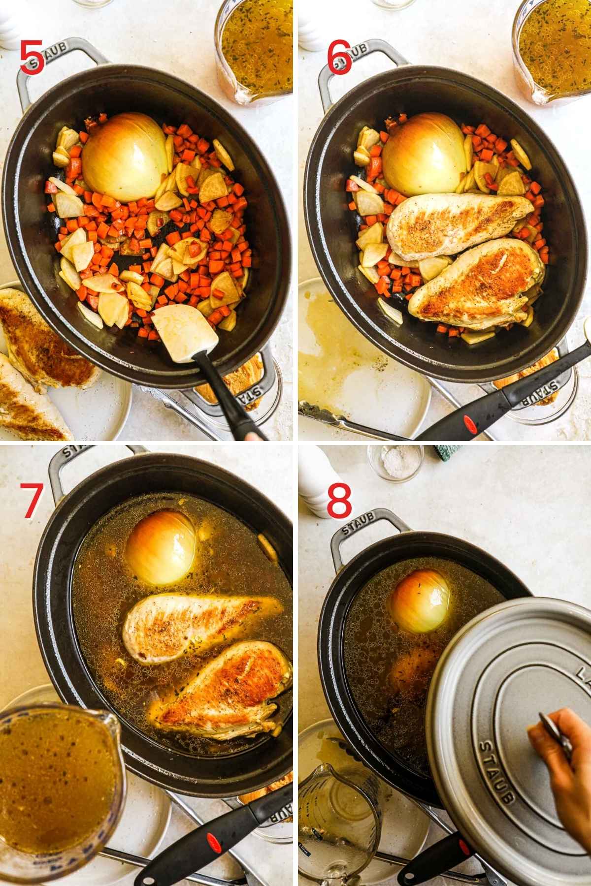 Steps to make easy chicken miso soup, including caramelizing the carrots, daikon, and onion, adding chicken to a pot, and deglazing the pot with homemade stock.