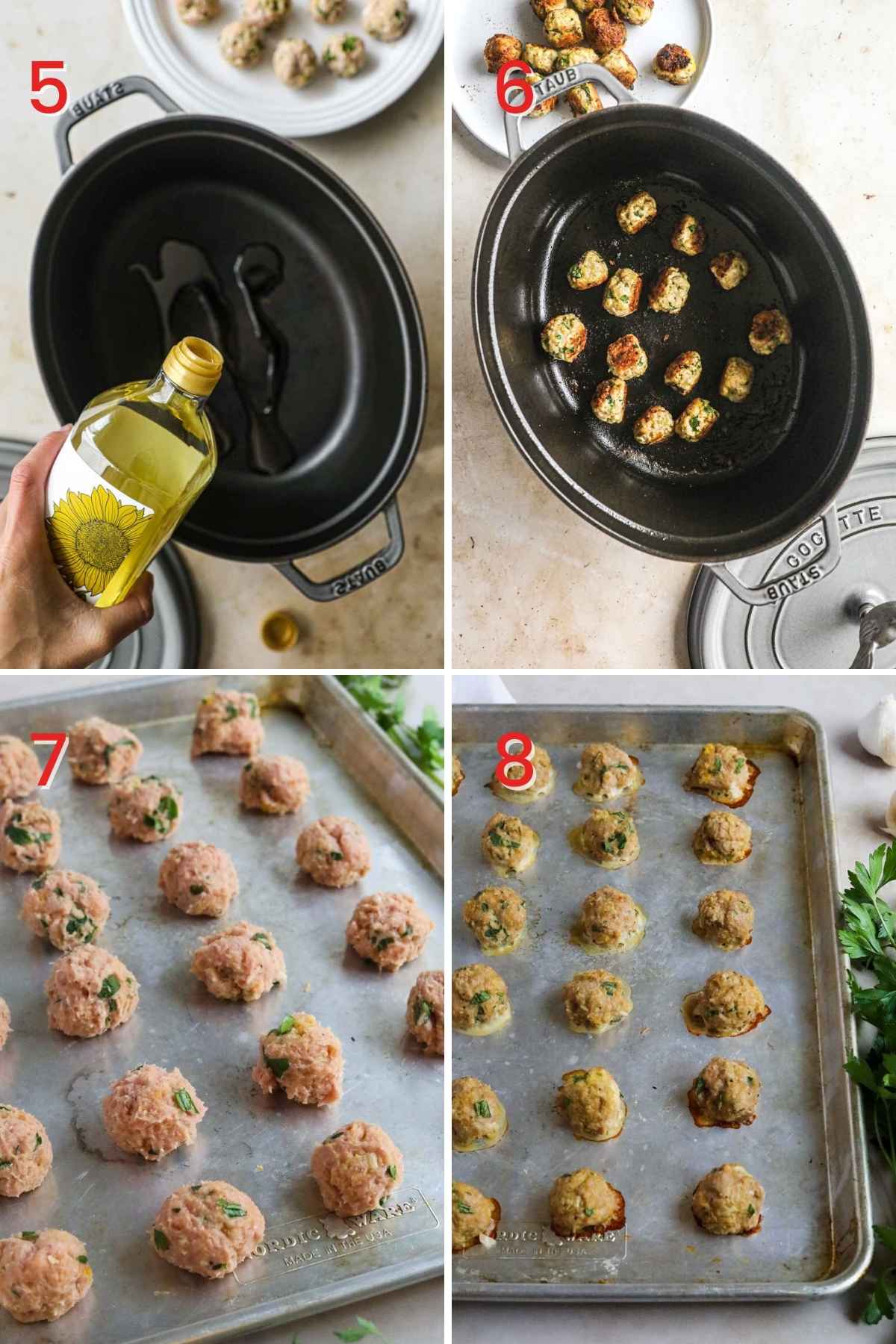 Steps to make healthy Italian chicken meatballs, including adding oil to the dutch oven or pan, adding the meatballs to brown, or baking the meatballs on a sheet pan.