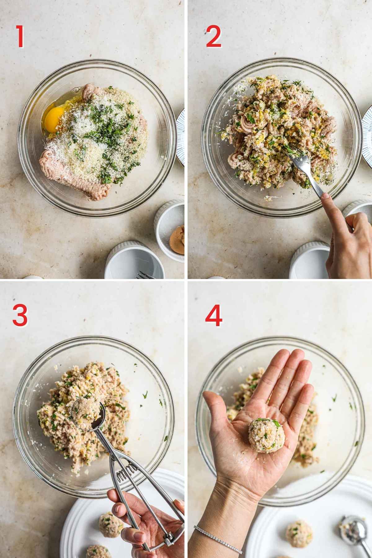 Steps to make healthy Italian chicken meatballs, including mixing the ground chicken with herbs, eggs, and panko; scooping the ground chicken and rolling the meat into meatballs.
