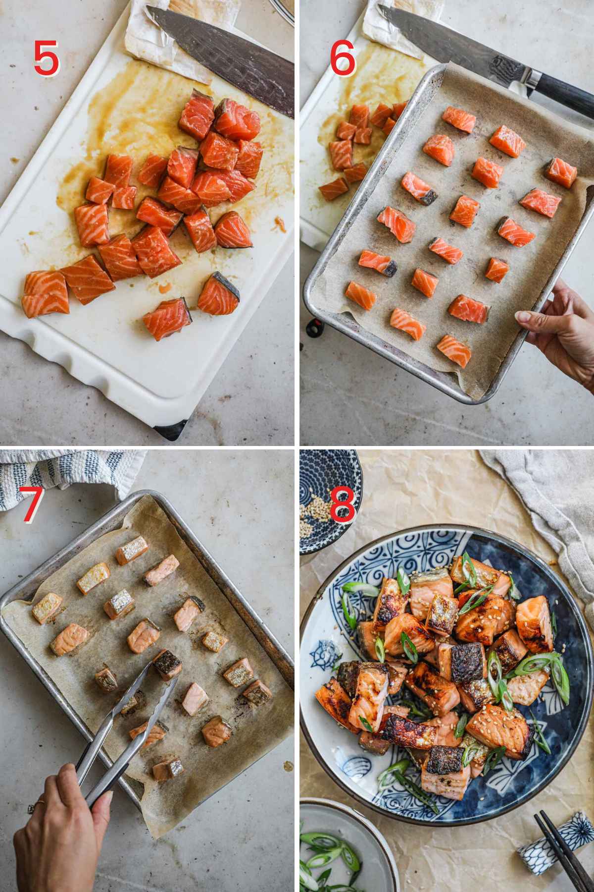 Steps to make miso honey salmon bites, cut salmon into cubes; arrange on baking sheet; broil; flip salmon; serve with scallions and sesame seeds.