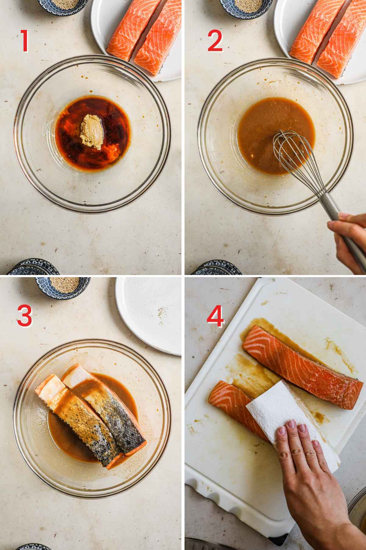 Steps to make miso honey salmon bites, whisk miso, soy sauce, rice vinegar, honey; marinate salmon; dry off salmon with paper towel.